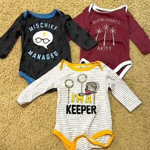 Three Harry Potter 3 - 6 month long sleeve onesies